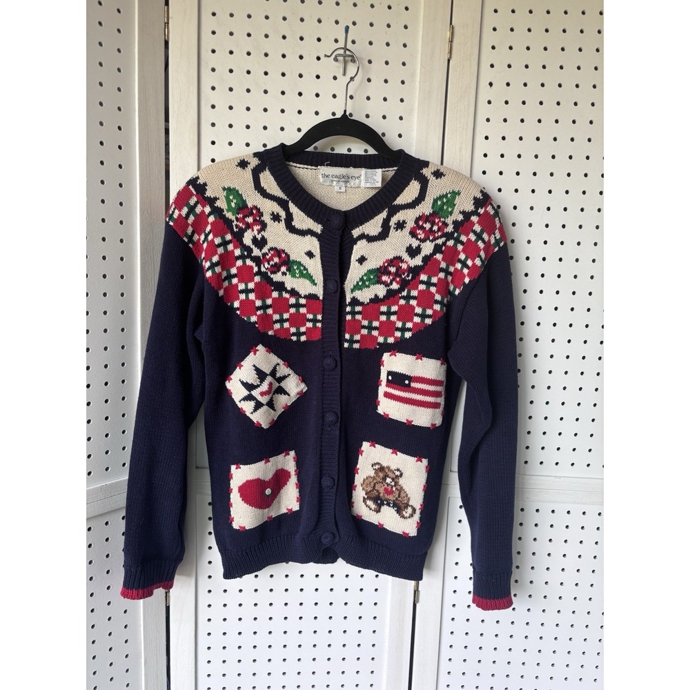 The Eagle's Eye Button Cardigan Sweater American Country Flag Bear Heart Size Sm